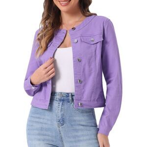 Denim Jacket Button Down Collarless Long Sleeve Jean Jacket Purple
